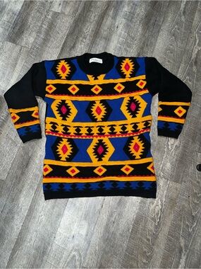 Colorful Aztec Pattern Knit Sweater - Blue, Yellow, Black, Pink
